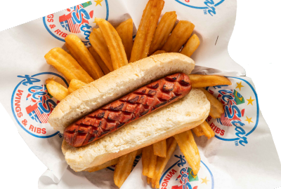 AllStart Wings & Ribs hot dog and fries